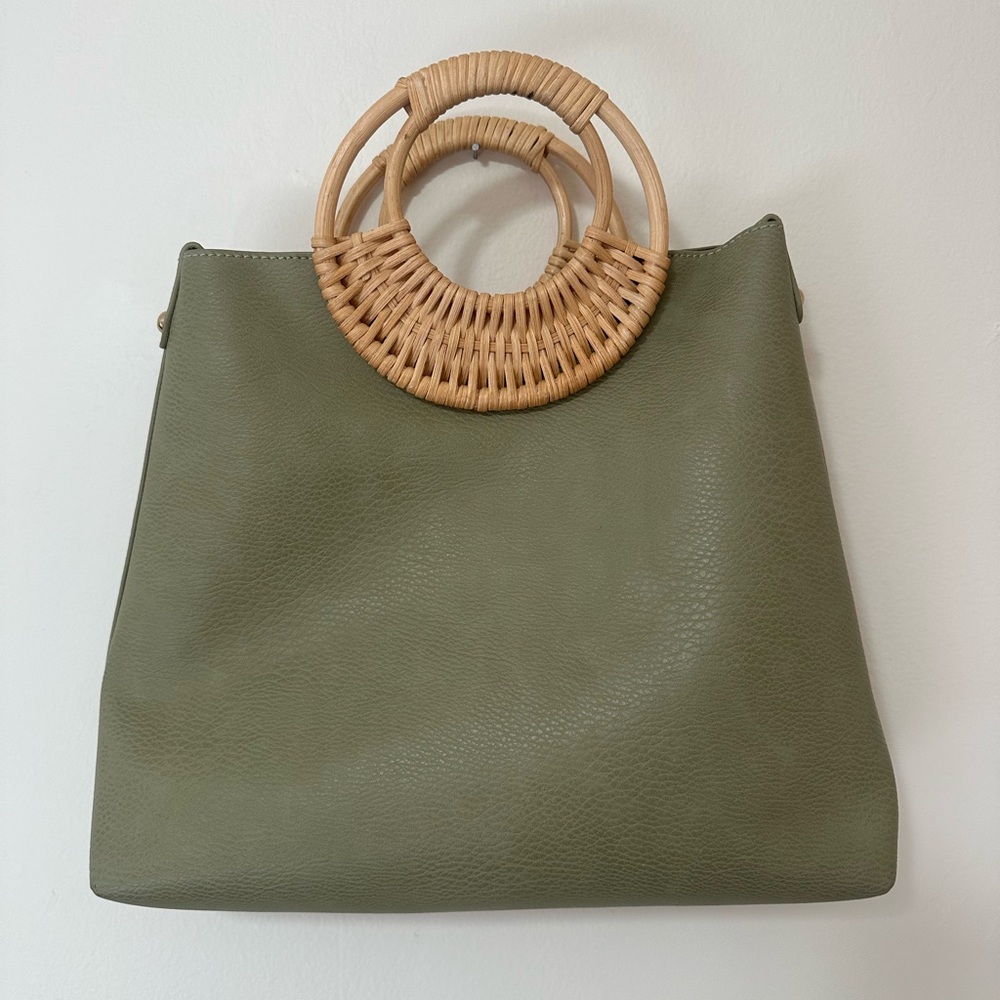 Antik Kraft Olive Crossbody Bag with Rattan Handles